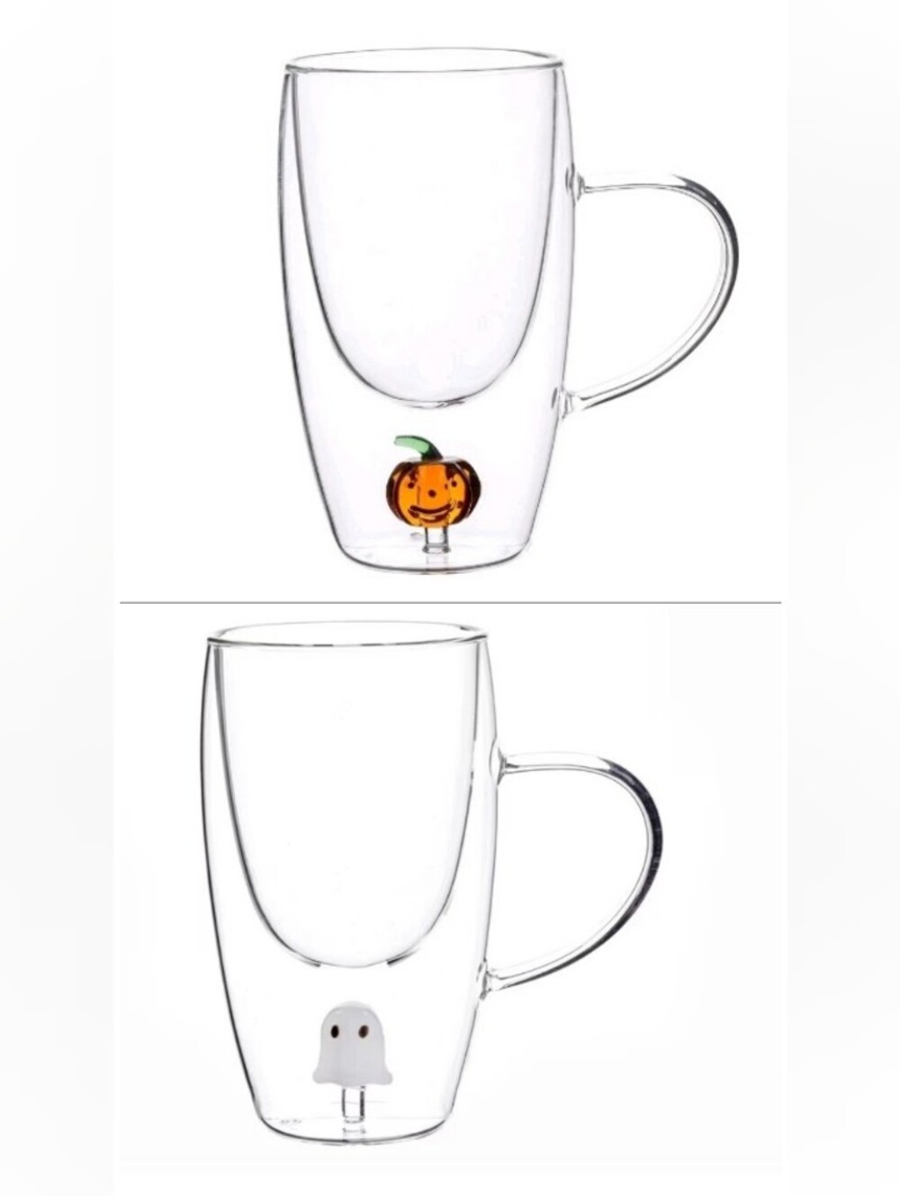 2-pack! Double-Wall Glass Mugs with Pumpkin and Ghost Charms - 11.5oz - NIB